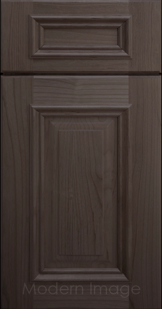 Truffle stained Hamilton cabinet door with a double raised panel and mitered elevated molding.